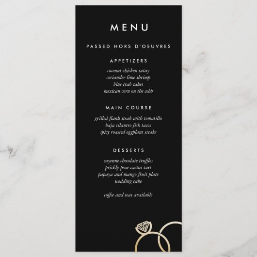 Modernes Gold Rings Custom Wedding Menü Black Menükarte (Vorderseite)