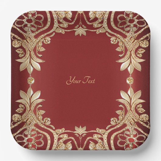 Modernes Gold Rot Floral Paper Plate Pappteller (Vorderseite)
