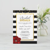 Modernes Gold Schwarz-weiß Rote Rose Brautparty Einladung (Stehend Vorderseite)