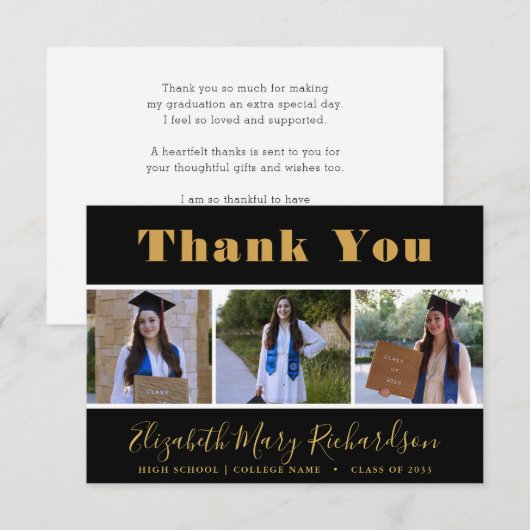 Modernes Gold Script 3 Foto Abschluss Dankeskarte (Vorne/Hinten)