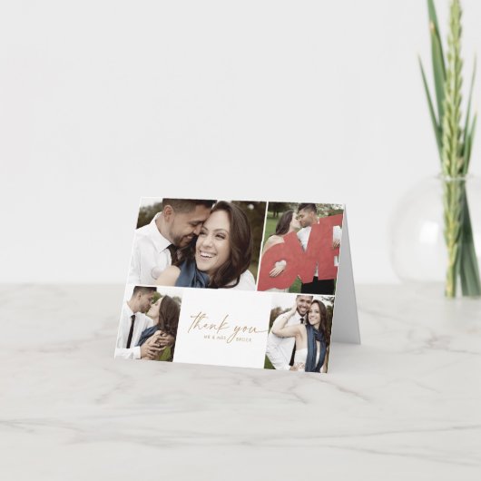 Modernes Gold Script 4 Foto Collage Folded Wedding Dankeskarte (Vorderseite)