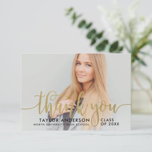 Modernes Gold Script Abschluss Foto Dankeskarte (Stehend Vorderseite)