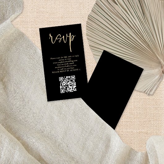Modernes Gold Script Black QR Code Wedding RSVP Begleitkarte