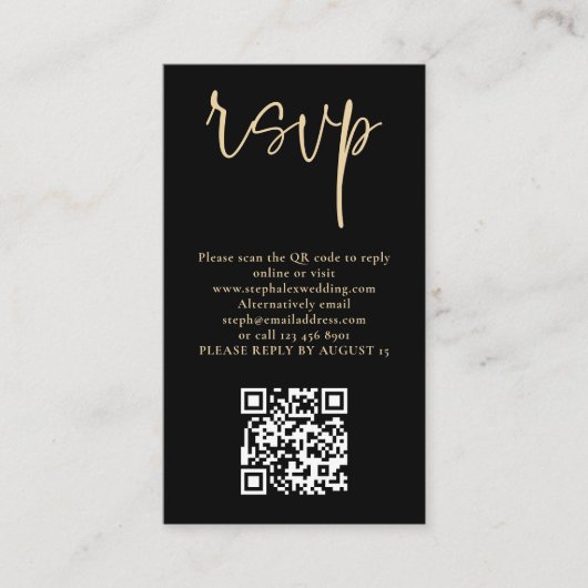Modernes Gold Script Black QR Code Wedding RSVP Begleitkarte (Vorderseite)