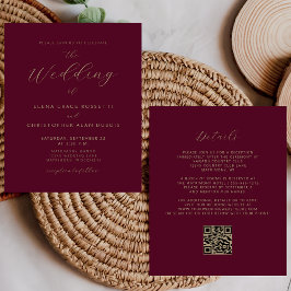Modernes Gold Script Burgundy QR Code Wedding