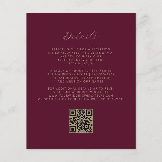 Modernes Gold Script Burgundy QR Code Wedding (Rückseite)