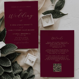 Modernes Gold Script Burgundy QR Code Wedding Einladung
