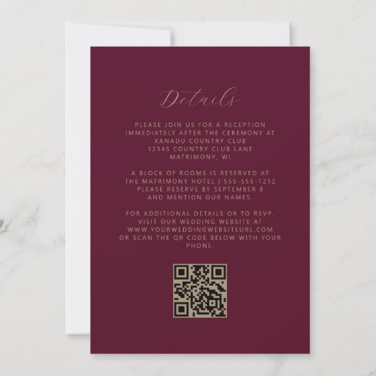 Modernes Gold Script Burgundy QR Code Wedding Einladung (Rückseite)