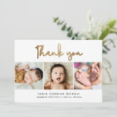 Modernes Gold Script Custom 3 Fotos Kinderdusche Dankeskarte (Stehend Vorderseite)