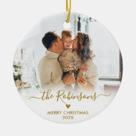 Modernes Gold Script Family Foto Frohe Weihnachten Keramik Ornament