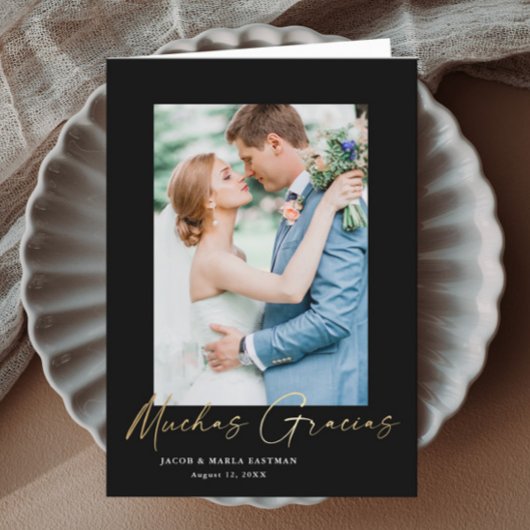 Modernes Gold Script Foto Wedding Muchos Gracias Dankeskarte
