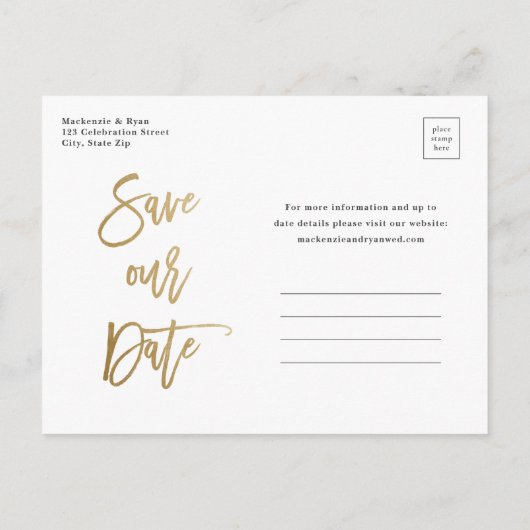 Modernes Gold Script-Hochzeitsfest-Foto Save the D Ankündigungspostkarte (Rückseite)