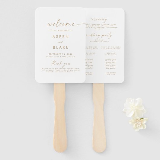 Modernes Gold Script Hochzeitsprogramm Hand Fan Fächer (Vorne und Hinten)