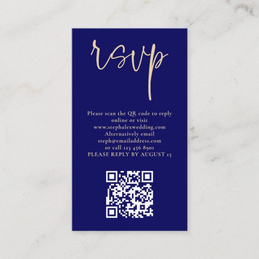 Modernes Gold Script Navy Blue QR Code Hochzeit RS Begleitkarte (Vorderseite)