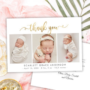 Modernes Gold Script Neuborn 3 Baby Foto Vielen Da Dankeskarte