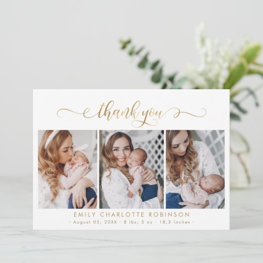 Modernes Gold Script Neugeborenes Baby 3 Foto Viel Dankeskarte (Stehend Vorderseite)