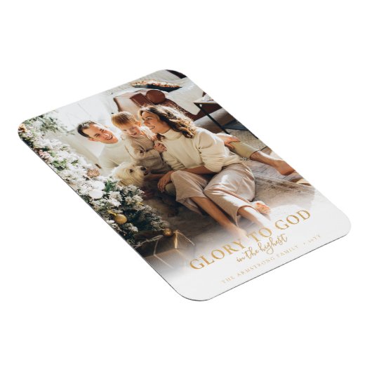 Modernes Gold Script Religious Christmas Foto Magnet (Rechte Seite)