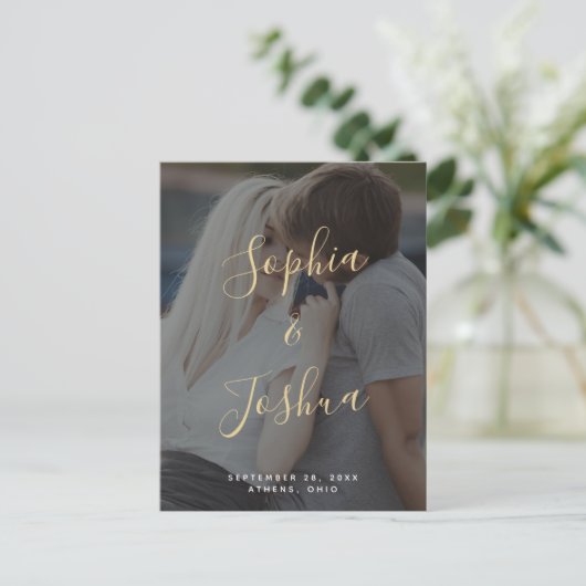 Modernes Gold Script Vellum Look Foto Save the Dat Postkarte (Stehend Vorderseite)