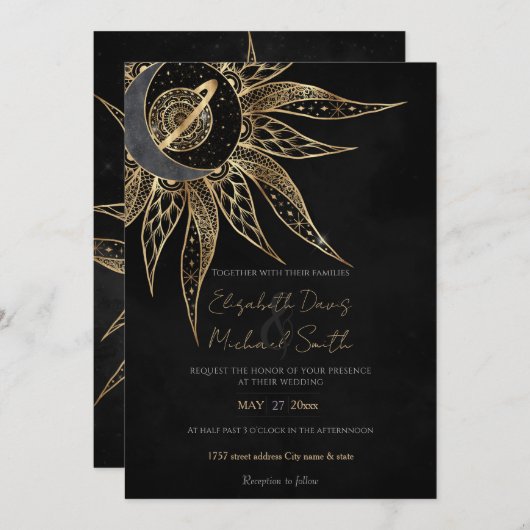 Modernes Gold Sun Moon Planet Universe Mandala Einladung (Vorne/Hinten)
