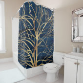 Modernes Gold Tree Silhouette Minimales blaues Des Duschvorhang (Beispiel)