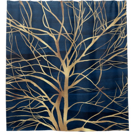 Modernes Gold Tree Silhouette Minimales blaues Des Duschvorhang (Vorderseite)