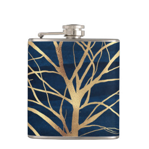 Modernes Gold Tree Silhouette Minimales blaues Des Flachmann