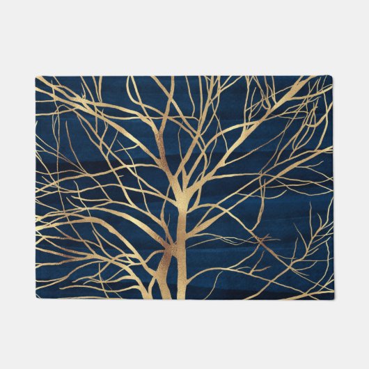 Modernes Gold Tree Silhouette Minimales blaues Des Fußmatte (Vorderseite)