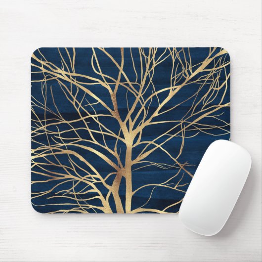 Modernes Gold Tree Silhouette Minimales blaues Des Mousepad (Mit Mouse)