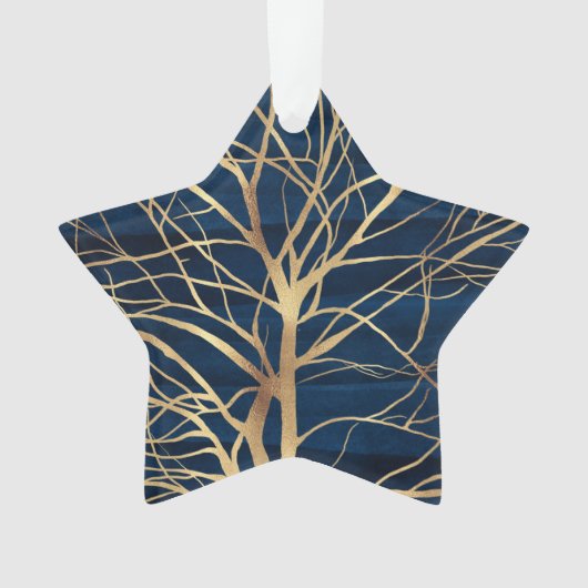Modernes Gold Tree Silhouette Minimales blaues Des Ornament (Vorderseite)