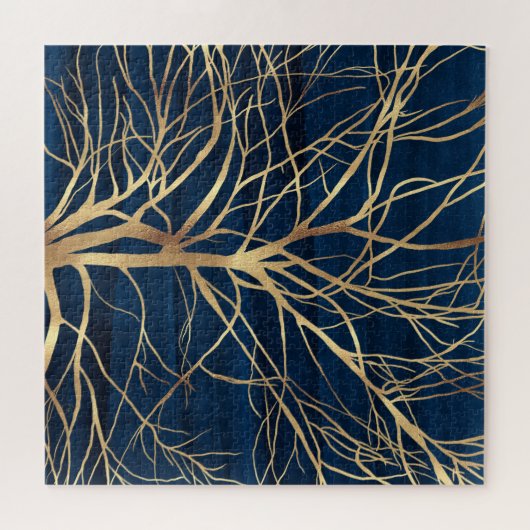 Modernes Gold Tree Silhouette Minimales blaues Des Puzzle (Horizontal)