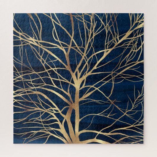 Modernes Gold Tree Silhouette Minimales blaues Des Puzzle (Vertikal)