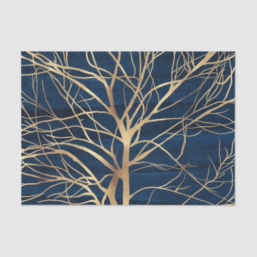 Modernes Gold Tree Silhouette Minimales blaues Des Seidenpapier (Vorderseite)