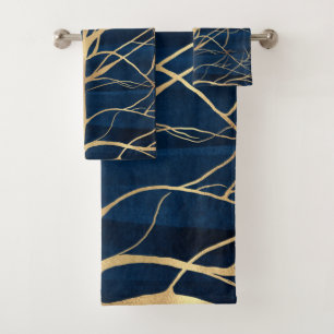 Modernes Gold Tree Silhouette Minimales Blue Desig Badhandtuch Set
