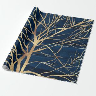 Modernes Gold Tree Silhouette Minimales Blue Desig Geschenkpapier