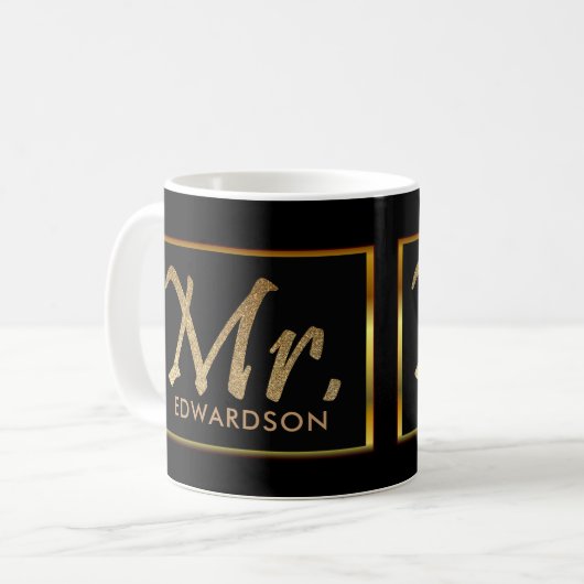 Modernes Gold u. schwarzer Herr personalisierte Kaffeetasse (Vorderseite Links)
