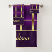 Modernes Gold und Lila Checked Mit Monogramm Badhandtuch Set (Insitu)