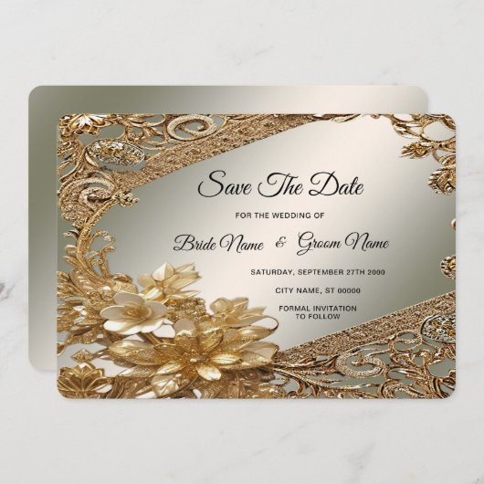 Modernes Gold-Verziert-Blumenmotiv Save the Date (Vorne/Hinten)