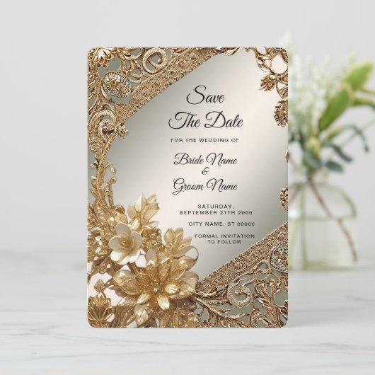 Modernes Gold-Verziert-Blumenmotiv Save the Date (Stehend Vorderseite)