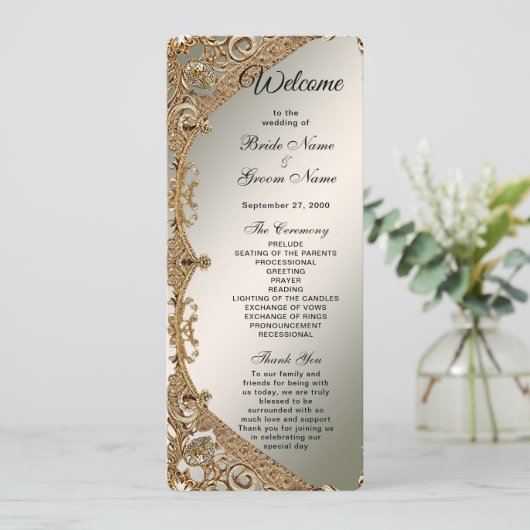 Modernes Gold Verziert Floral Wedding Programm (Stehend Vorderseite)
