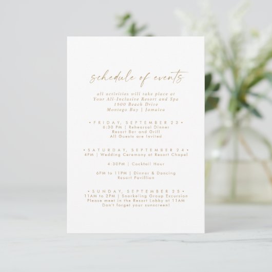 Modernes Gold Wedding Weekend Programm (Stehend Vorderseite)