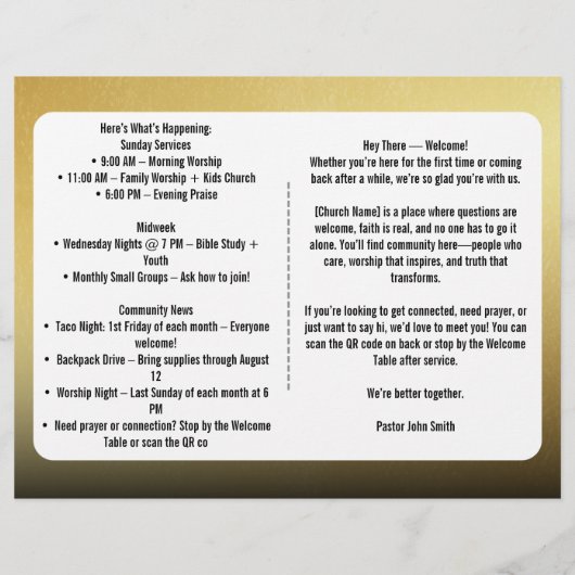 Modernes Gold zeitgenössisches Kirchenbulletin Flyer (Hinten)