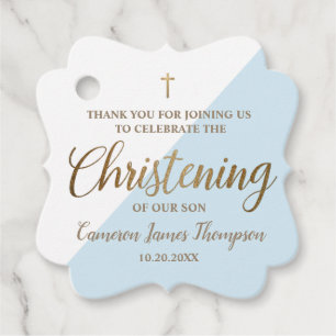 Modernes goldblauer Junge Christening Personalisie Geschenkanhänger