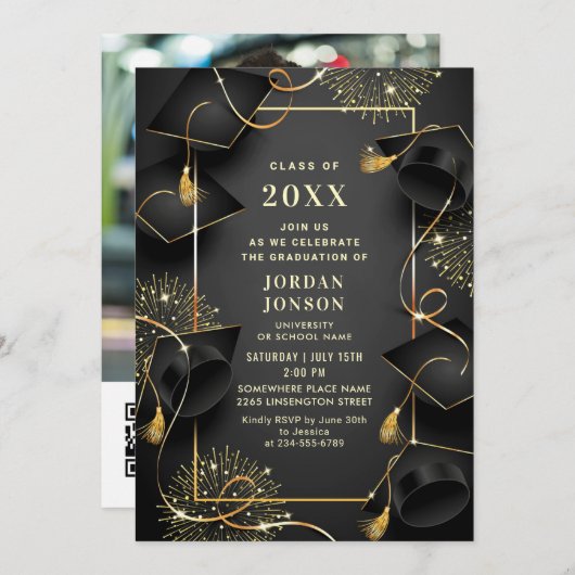 Modernes Golden Black Graduation Party Foto QR Cod Einladung (Vorne/Hinten)