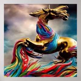 Modernes Goldenes aquamarines und rotes Pferd abst Poster