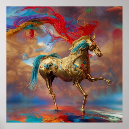 Modernes Goldenes aquamarines und rotes Pferd abst Poster (Vorne)