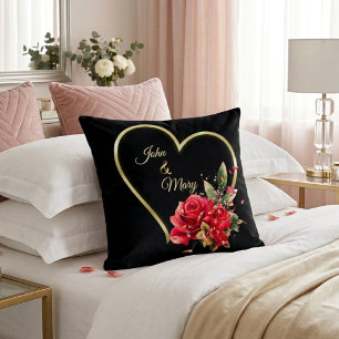 Modernes Goldenes Herz und Rose Schwarz Kissen