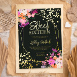 Modernes goldfarbenes Foto mit floralen Farben Swe Folieneinladung<br><div class="desc">Eine schicke Quelle,  Sommerrosa,  lila und orangefarbene Blütenfarbe und echte Goldfolie Konfetti Typografie Sweet 16 Geburtstag mit handgemalten Blume,  grüne Aquarellblätter mit goldgeometrischen Terrarienrahmen auf dunklem Hintergrund,  perfekt für alle Jahreszeiten Geburtstagsparty,  fügen Sie Ihr Foto auf der Rückseite</div>