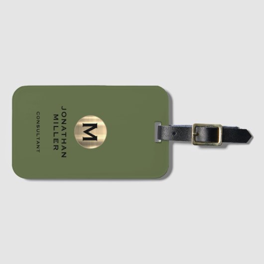 Modernes goldfarbenes Monogramm Olive Green Gepäckanhänger (Vorderseite (Horizontal))