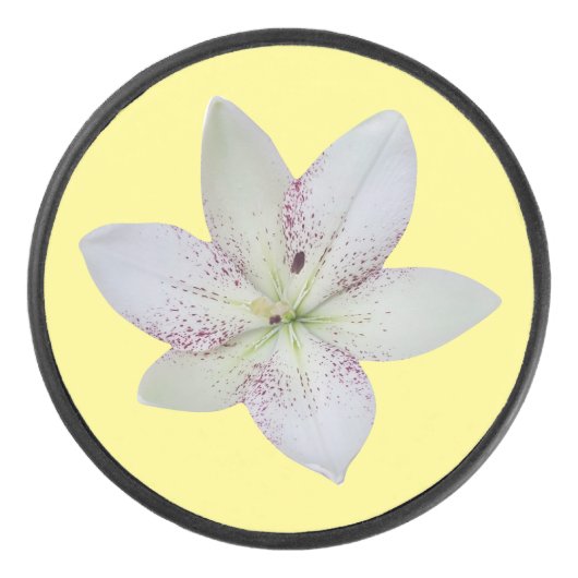 Modernes, goldgelb-geriebtes Lilienmuster-Blume Eishockey Puck (Vorderseite)