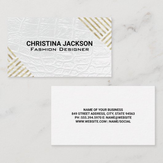 Modernes goldgestreiftes Muster | Weißes Leder Visitenkarte (Vorne/Hinten)